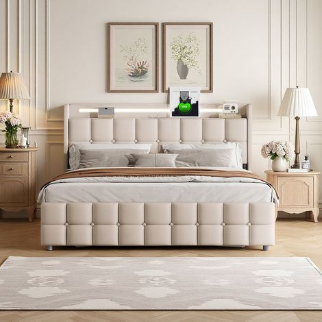 Lit Double 180 x 200cm, lit adulte avec 4 tiroirs, lit capitonné avec port USB et LED, Tête de Lit à Tablette, Lin, Beige (1/5)
