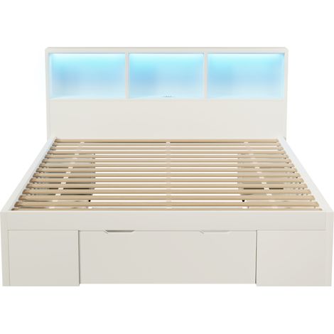 Cama funcional 140x200 cm blanca con almacenaje, 2 mesitas, LED y USB-C (1/5)