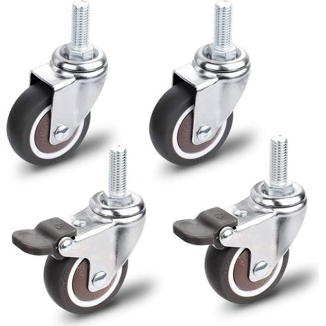 Roulettes pour Meubles, 2 Pièces Roulette Pivotante avec Frein + 2 Pièces Roulette Pivotante sans Frein, M10x25mm Universelles Roulettes pour Meubles, Capacité de Charge 30 KG par Roulettes (1/5)