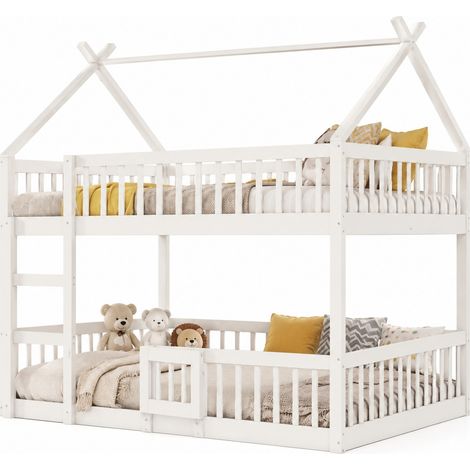 Lit mezzanine enfant 140 x 200 cm avec escalier, espace de jeu sous le couchage, barrière haute, porte ouvrante et structure en bois blanc - CHICFURN (1/5)