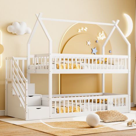 MEUBLIV Etagenbett für Kinder 90x200 cm, weiß – mit Treppe und Stauraum, ohne Matratze (1/5)