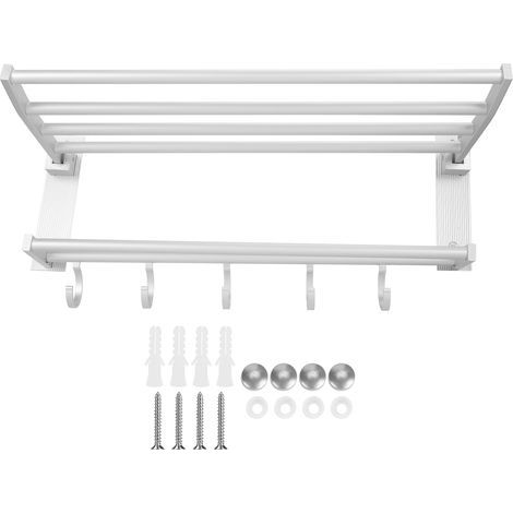 Klappbare Duschablage aus Aluminium, 40 cm, Handtuchhalter fürs Badezimmer, Garderobenständer mit 5 Haken, silber (1/5)