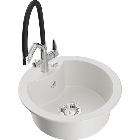 Mexen Diego lavello in granito a 1 vasca con miscelatore cucina Duo, bianco - 6512-20-671701-07 (1/5)