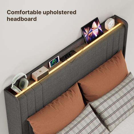 Lit Simple Capitonné 120 x 200 cm avec Prise et Tête de Lit LED Réglable Rangement Bealife Sommier à Lattes Tissu en Lin Lit Enfant Adolescent Gris Foncé