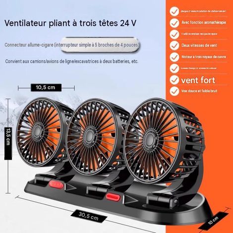 Ventilateur de Camion 24V sur Prise Allume-Cigare – Ventilateur Automobile 3 Têtes avec Plaque de Stationnement, Refroidissement pour Poids Lourds et Utilitaires 1 Pièce, Noir (1/2)