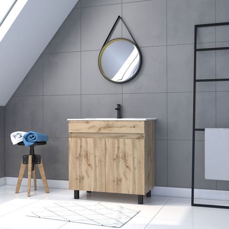 Mueble de baño 80cm - Puertas Acabado Roble - Lavabo blanco + Espejo Barbero-TIMBER 80-Pack28 (1/5)