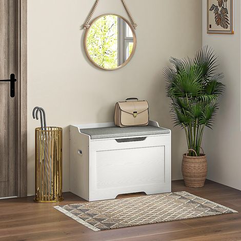Coffre de rangement de 103 litres, banc de rangement avec charnière de sécurité, coussin d'assise, pour différentes pièces, blanc