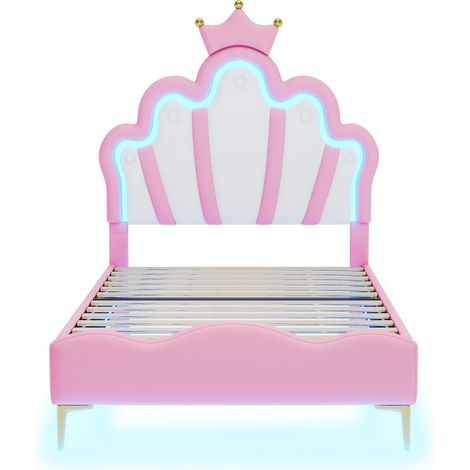 Letto singolo 90x200 cm rosa con testiera a corona, rivestimento in PU e striscia LED (1/5)