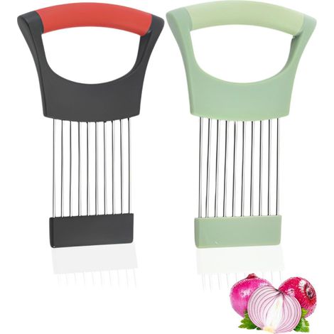 2-Piece Onion Slicer Holder, Lemon Cutter, Stainless Steel Food Grade Slicing Assistant with Protective Cover for Potatoes, Meat, Onions, and Vegetables (Black, Green) (1/5)