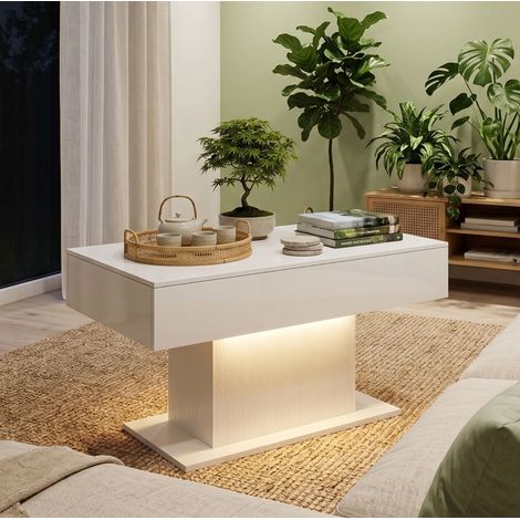 Table basse LED avec rangement 108x48x55 cm en bois blanc brillant, moderne pour salon FloraGrace (1/5)