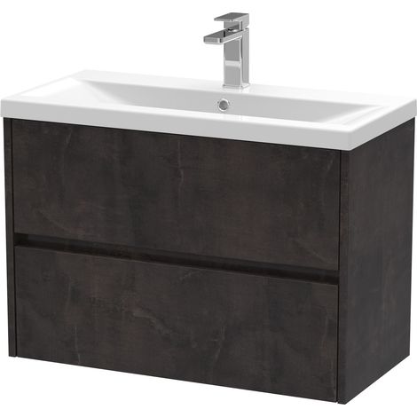 Square Wall Hung 2 Drawer Vanity Unit & Ceramic Basin, 800mm - Textured Matt Metallic Slate