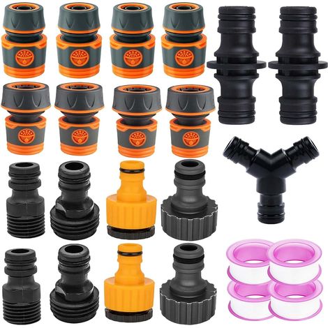 19 Pièces Raccord Tuyau d'Arrosage, 1/2 Plastique Connecteur Tuyau Arrosage 3/4 Adaptateur Robinet Tuyau Arrosage, 15/21 et 20/27 2 en 1 Embout Tuyau Arrosage, 3 Voies Y Hose Connector (1/5)