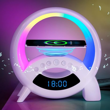 Lampe d'ambiance rechargeable sans fil avec haut-parleur Bluetooth, réveil et veilleuse 15 W, idéale comme lampe de chevet, horloge de table et machine à sons pour un éclairage d'ambiance.