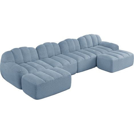 Divano modulare U a 4 posti blu con 2 pouf in tessuto e schiuma ad alta densità (1/5)