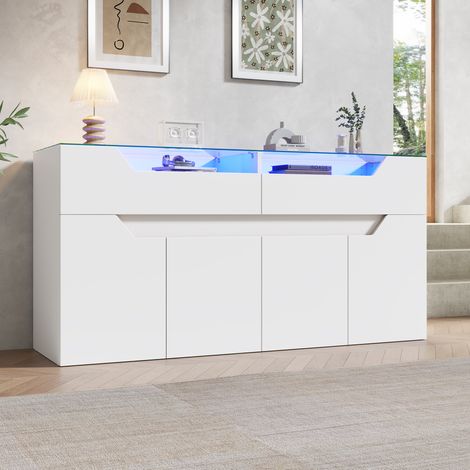 Buffet 140x40x70 cm blanc en MDF avec plateau en verre trempé, 2 tiroirs, rangements fermés et éclairage LED (1/5)