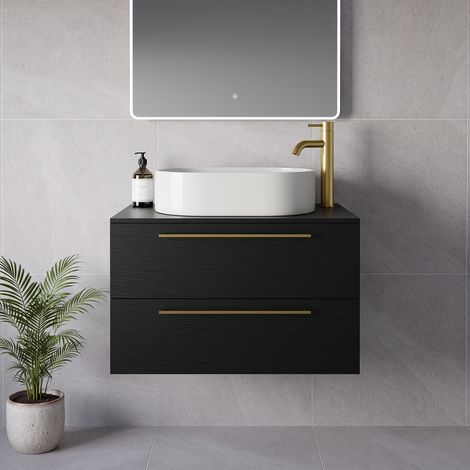 Napoli 460 Nero Oak 800mm Wall Mounted 2 Drawer Vanity Unit for Countertop Basins - 800mm - Brushed Brass 480mm Handle