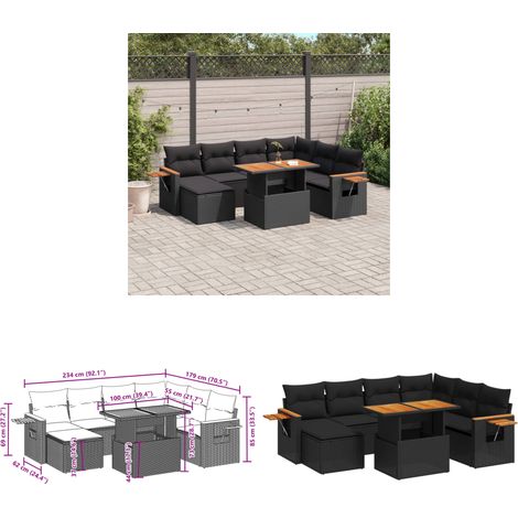 Salon de jardin 8 pcs avec coussins noir résine tressée - Ensemble Salon De Jardin - Meuble Extérieur - Résine Tressée - Rotin Synthétique - Table Extensible - Home & Living (1/3)