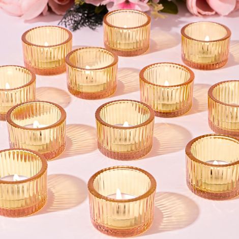 Lot de 12 bougeoirs Chauffe-Plat dorés, Petits bougeoirs nervurés en Verre pour fête de Mariage, fête prénuptiale, Centre de Table, décoration d'intérieur (1/5)