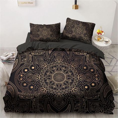 Bettwäsche-Set 200x220cm Schwarz Gold Mandala mit 2 Kissenbezügen 80x80cm