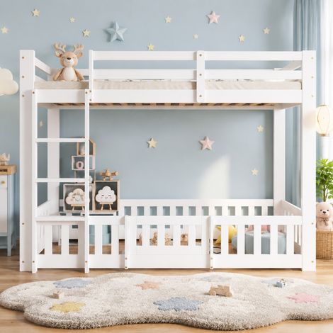 MEUBLIV Lit superposé 90x200 cm blanc – avec escalier droit et porte, sans matelas (1/5)