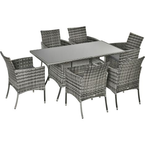 7-Piece Rattan Garden Furniture Set with Cushions, 6 Seater Garden Table Chairs, Rattan Dining Set with 6 Armchairs, Rectangular Glass Top Table, Grey (1/5)