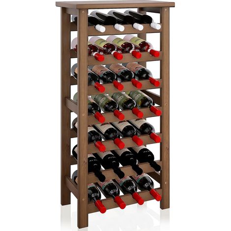 Étagère à vin en bambou, support de présentation pour 28 bouteilles avec plateau, 7 niveaux autoportants pour rangement pour cuisine, garde-manger, cave, bar (noyer) (1/5)