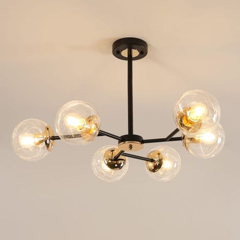 GOECO Lustre plafonnier moléculaire 6 lumières E27 noir sable et laiton, globes en verre diam. 13 cm, D72 x H40,5 cm, style nordique (1/5)