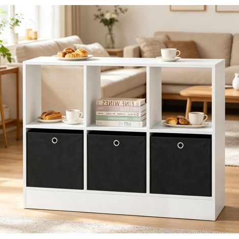 Bibliothèque Étagère à Cubes avec 3 Tiroirs en Tissu - Meuble de Rangement Ouvert à 6 Cases pour Salon Bureau Chambre, Style Moderne - 80x30x61cm - Blanc (1/5)