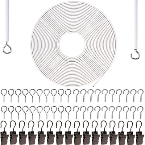 Système de suspension haute capacité de 10 mètres avec corde blanche, 20 crochets et 16 clips en acier, adapté à une installation dans des salles d'exposition, des murs décoratifs et des galeries. (1/5)