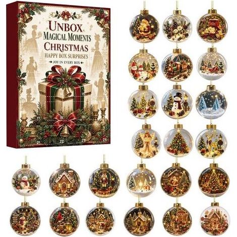 Calendrier de l'Avent de Noël, boîte surprise, décor rétro enneigé, ornement rond en acrylique, pendentif sapin de Noël, coffret cadeau surprise, design plat 2D B (1/5)
