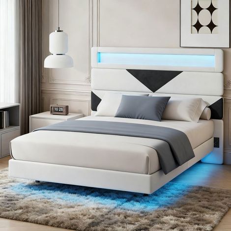 Cama 160x200 cm, Cama Flotante, con Iluminación LED y USB, Cabecera ajustable, Somier de lamas incluido