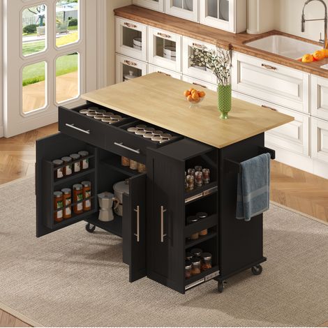 Isla de cocina 120/40(65)/90 cm en negro/natural con abatible y almacenaje (1/5)