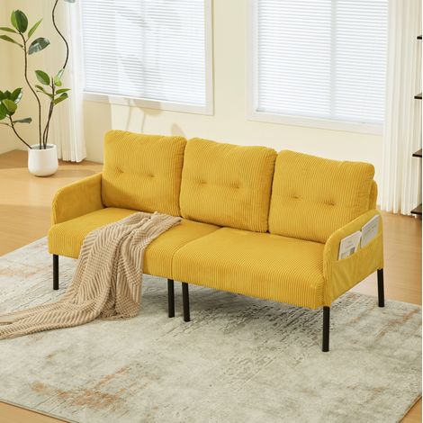 Divano a 3 posti 171/72/80 cm in velluto a coste giallo con tasca laterale e struttura in metallo (1/5)