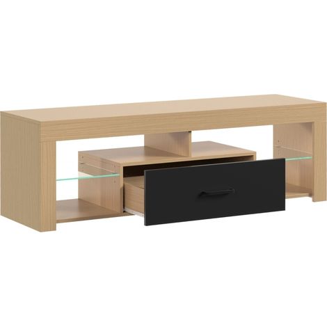 Mueble TV bajo para TV hasta 65'', 140x40x45 cm, con estantes de vidrio ajustables, roble (1/5)