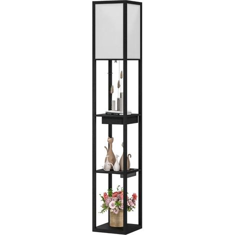 Lampadaire à 3 compartiments, douille E27, abat-jour en tissu, ports USB-A et USB-C pour salon, blanc et noir, ampoule non incluse. (1/5)