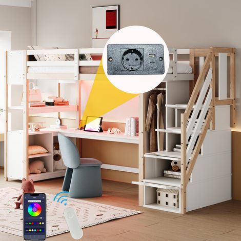 Lit Mezzanine 1 Place 90x200 cm avec LED et Prise UE, Lit Enfant en Bois avec Armoire, Grand bureau et Rangements, Lit en Hauteur, Bois