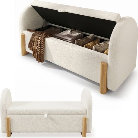 Banc de rangement bout de lit 106 cm avec coffre hydraulique et fermeture en douceur, banquette d'entrée en tissu bouclette blanc, pieds en bois massif (1/5)