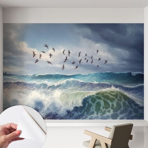 Papier peint autocollant adhésif décoratif avec motifs pour salon et chambre a motif Vagues marines 152x104 cm (1/5)