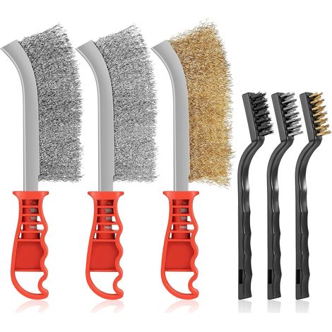 Brosse Métallique - 6 Pièces Ensemble avec Poignée Courbée en Plastique - Acier Inoxydable Cuivre et Nylon - Nettoyage de Soudure Rouille et Poussière - 17 cm et 22,5 cm