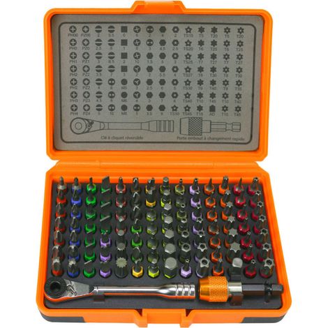 Fischer Darex – Coffret mini clé à cliquet 1/4'' avec 98 embouts en acier chrome vanadium – Mécanisme réversible pour serrage rapide (1/4)