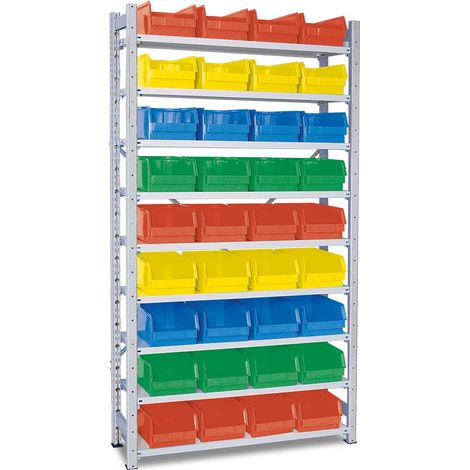 BRB Kleinteileregal mit 9 Böden HxBxT 2x1070x315 mm, bestückt mit 36 Sichtkästen LB3, LxBxH 350x200x150 mm (Bunt)