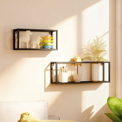 Lot de 2 étagères murales en acier noir – charge max 15 kg, fixation facile, design moderne pour salon, cuisine ou bureau (1/4)