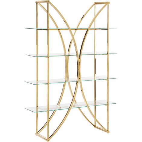 Librería de acero de 4 niveles con estantes de cristal estilo glamuroso con estructura dorada Hollow (1/5)