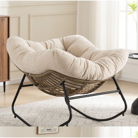 Poltrona a dondolo in ciniglia beige, struttura in metallo effetto rattan, 102 x 98 x 77 cm DESVIAE (1/5)
