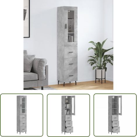 The Living Store Buffet haut Gris béton 34,5x34x180 cm Bois d'ingénierie - Buffet Design Moderne - Meuble Rangement - Armoire Cuisine - Buffet Gris - Buffet Industriel (1/5)