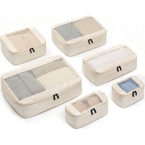 Ensemble de 6 organisateurs de valise à compression beiges pour ranger vêtements, chaussures et accessoires en voyage.-AquaForge (1/5)