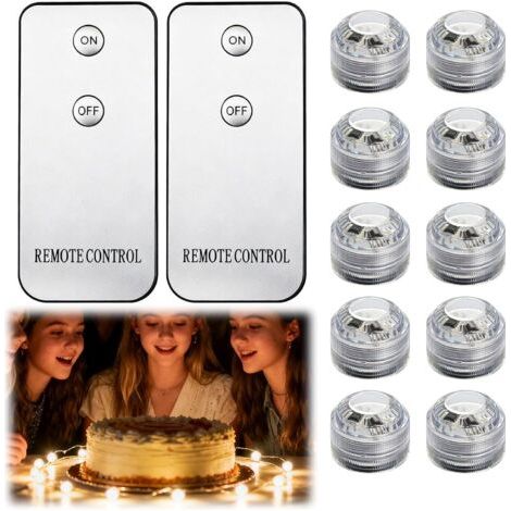 Set mit 10 wasserdichten LED-Leuchten mit warmweißem Licht, inklusive 2 Fernbedienungen, ideal für Aquarien, Spas, Teiche, Partys und Hochzeiten.