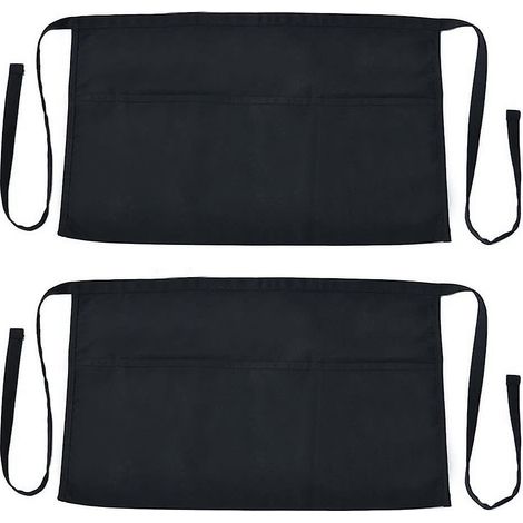Lot de 2 tabliers taille basse, noir, demi-tablier unisexe avec 3 poches, tablier court de cuisine pour chef, serveur, boulanger (1/5)