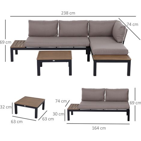 Salon de jardin 3 pièces Outsunny aluminium dimensions 164x74x69cm, canapé avec coussins et table basse pour extérieur (1/5)