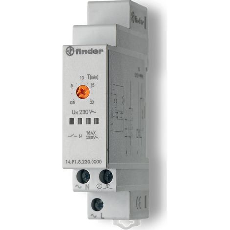 Finder Temporizzatore Luce Scale Monofunzione Tipo 14.91. Dotato di 1 contatto 16 A. Adatto per impianti a 3 e 4 fili, configurazione tramite pulsanti